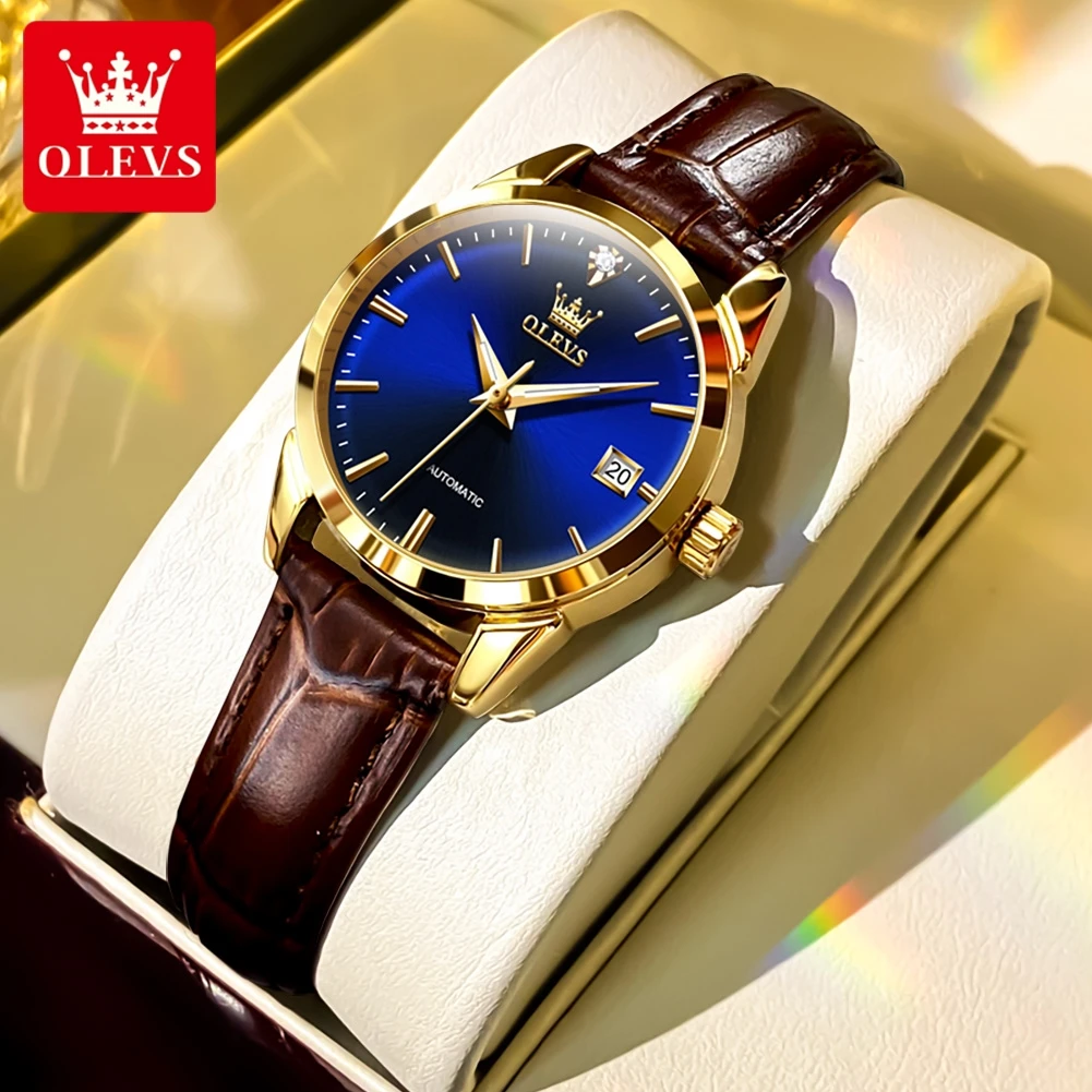 Womens Wrist Watch OLVES 6629 Automatic Mechanical Fashion Blue Dial Watches For women Leather Strap Waterproof Date