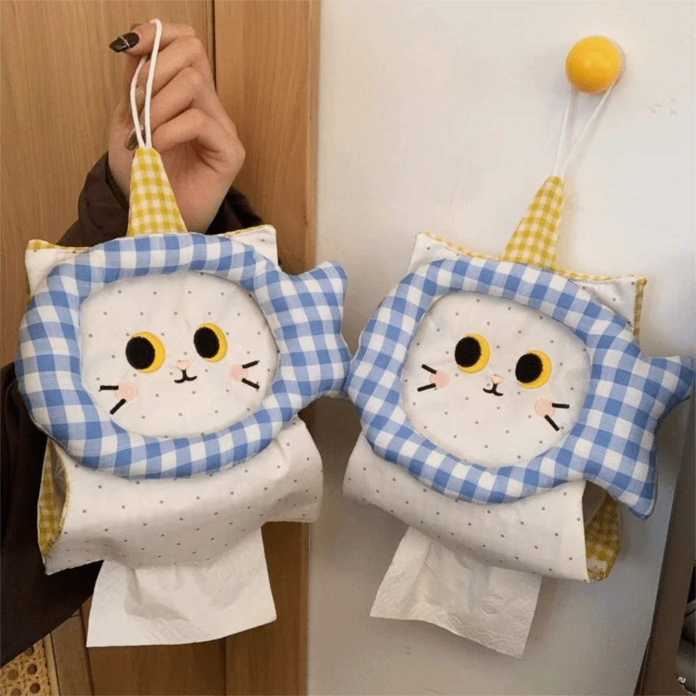 Retro Cartoon Cat Fabric Tissue Cover Soft Decorative Wall Mounted Paper Bag Universal Space Saving Napkin Storage Pouch