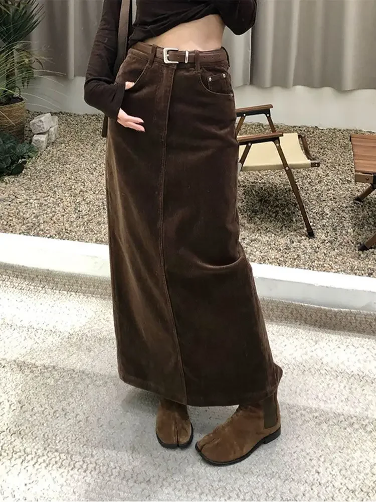 2025 Coffee Color Corduroy Half Skirt for Women Autumn/Winter Loose High-waisted Slim Fit Elegant Versatile Casual Split Skirt