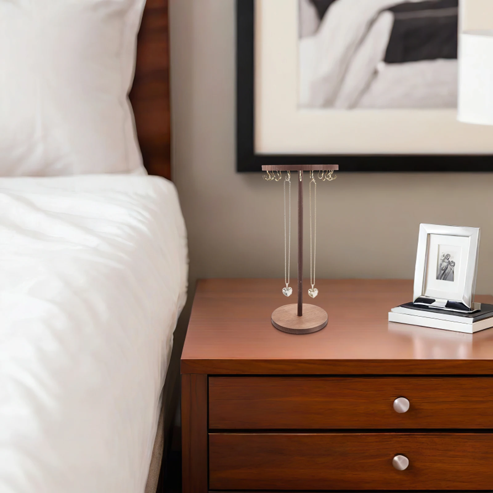 

Solid Wood Jewelry Tower Round Disk Necklace Holder For Necklaces Bracelets Keychains Earrings Hanging Organizer Desktop