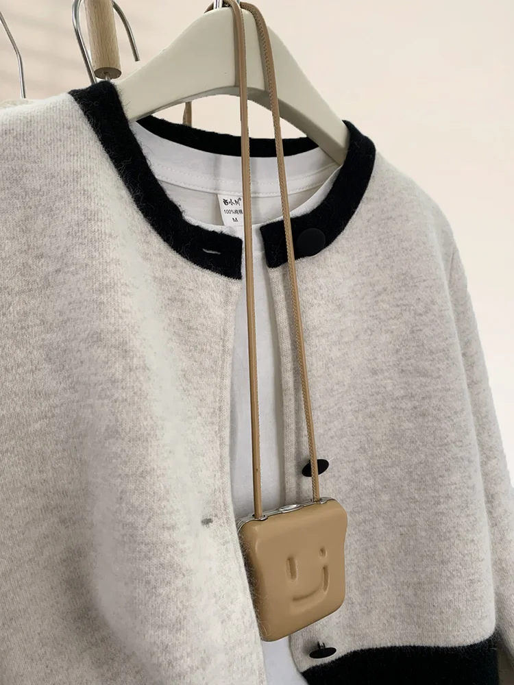 Women Knit Cardigan 2024 Autumn Winter New Contrast Color Long Sleeve Pullover Tops Vintage Loose Sweater Coat