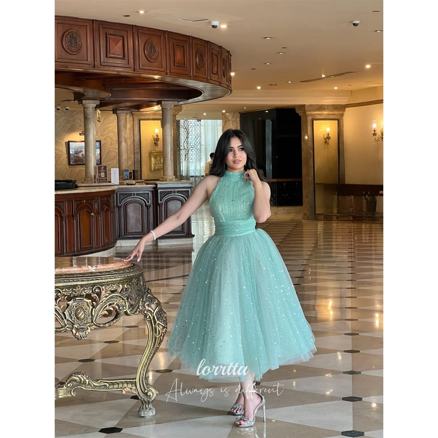 

Lorrtta Tulle High Green A-Line Evening Dress 2026 Prom Dress Luxury Formal Glamourous Sequined Customized Robes de Soirée