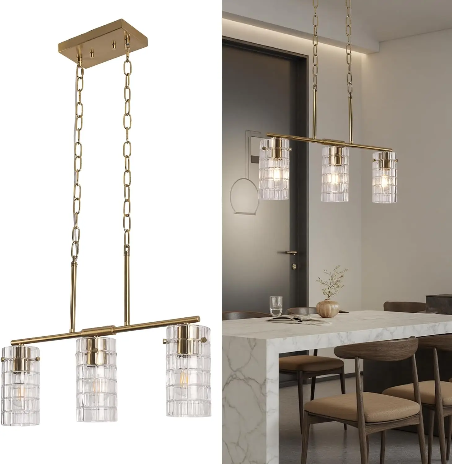 3-Light Brass Pendant Glass Chandelier | Compatible with E26 Bulbs, Adjustable Chain Height, Suitable for Kitchen Island, Dining Room, Living Room, Kitchen