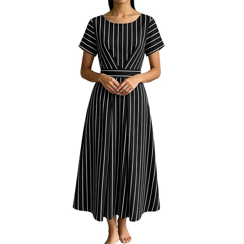 ZANZEA Stilvolles Damen-Kleid mit O-Ausschnitt und kurzen Ärmeln, gestreift, Sommerkleid, OL-Arbeitskleid, elegantes A-Linien-Midikleid mit Taille, Freizeitkleider – Detail 9