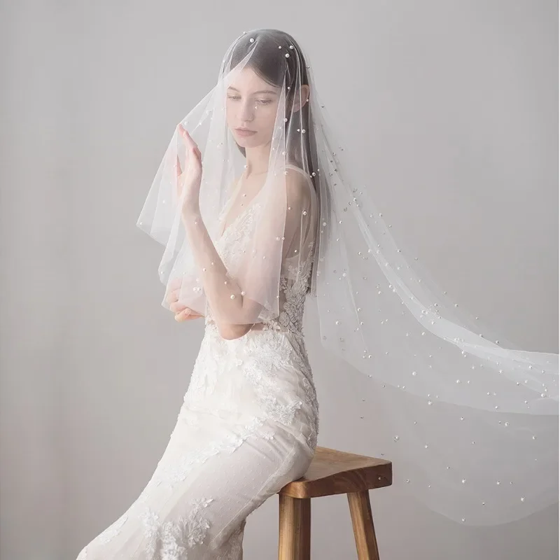 V607 Manufacturer Wholesale Encrypted Size Pearl Bridal Head Double Layer Hand Sewn Metal Hair Comb Veils