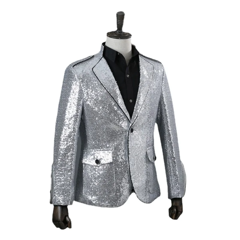 Mens Jacket Fashion Sequins Suits Blazer Men Clothes Nylon Single Breasted Silver Mens Blazers Mens Suits Jacket Men Clothing