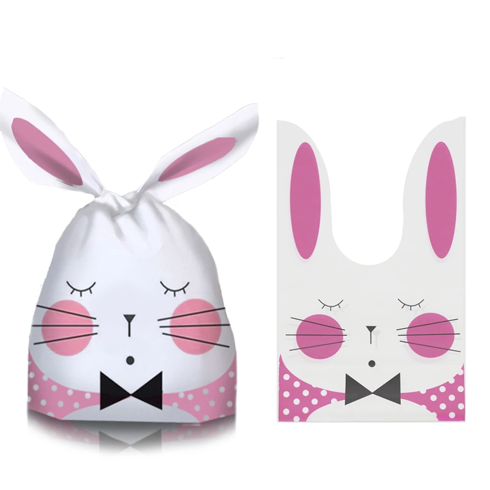 50Pcs Easter Rabbit Ear Bags Cookie Candy Gift Plastic Bags Pouch Baking Packaging for Biscuits Easter Decoration 2024 Birthday