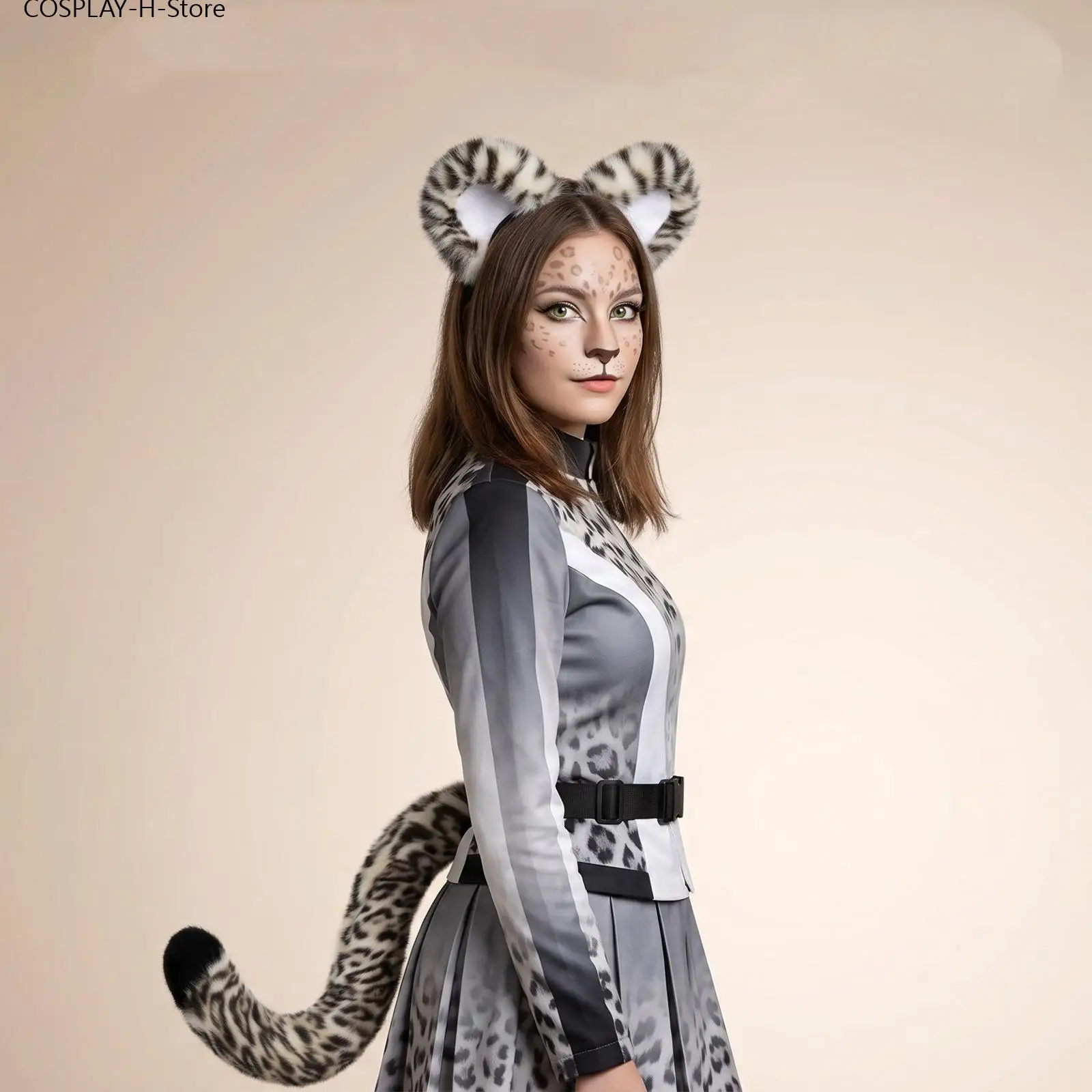 Halloween Animal Tail & Headband Set Snow Leopard Ears Headband Tail Kit Cosplay Costume Props for Party Fancy Dress