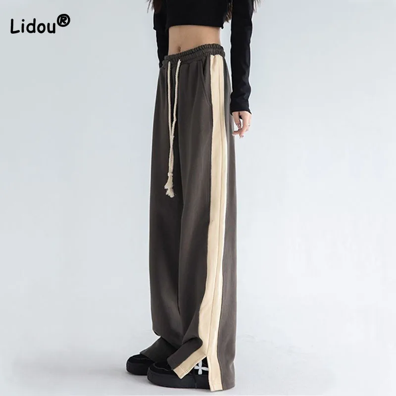 

Streetwear Fashion Female High Waist Wide Leg Split Sports Pants Vintage Patchwork Solid Color Drawstring Floor Length Trousers