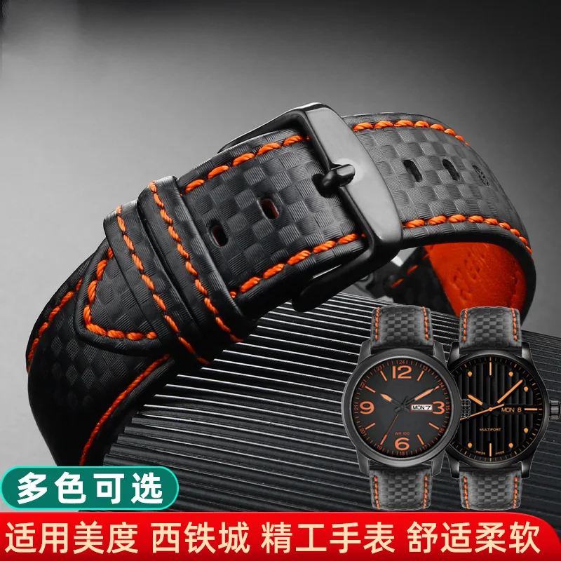 Carbon fiber patterned cowhide strap red orange stitching bracelet Stainless Steel Buckle 20mm 21mm 22mm 23mm Men‘s Watch band