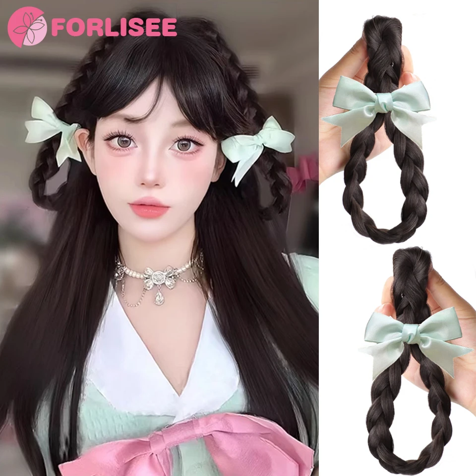 FORLISEE Synthetic Bow Drooping Rabbit Braid Hair Clip Wig Sweet Increase Hair Volume Double Braid Wig