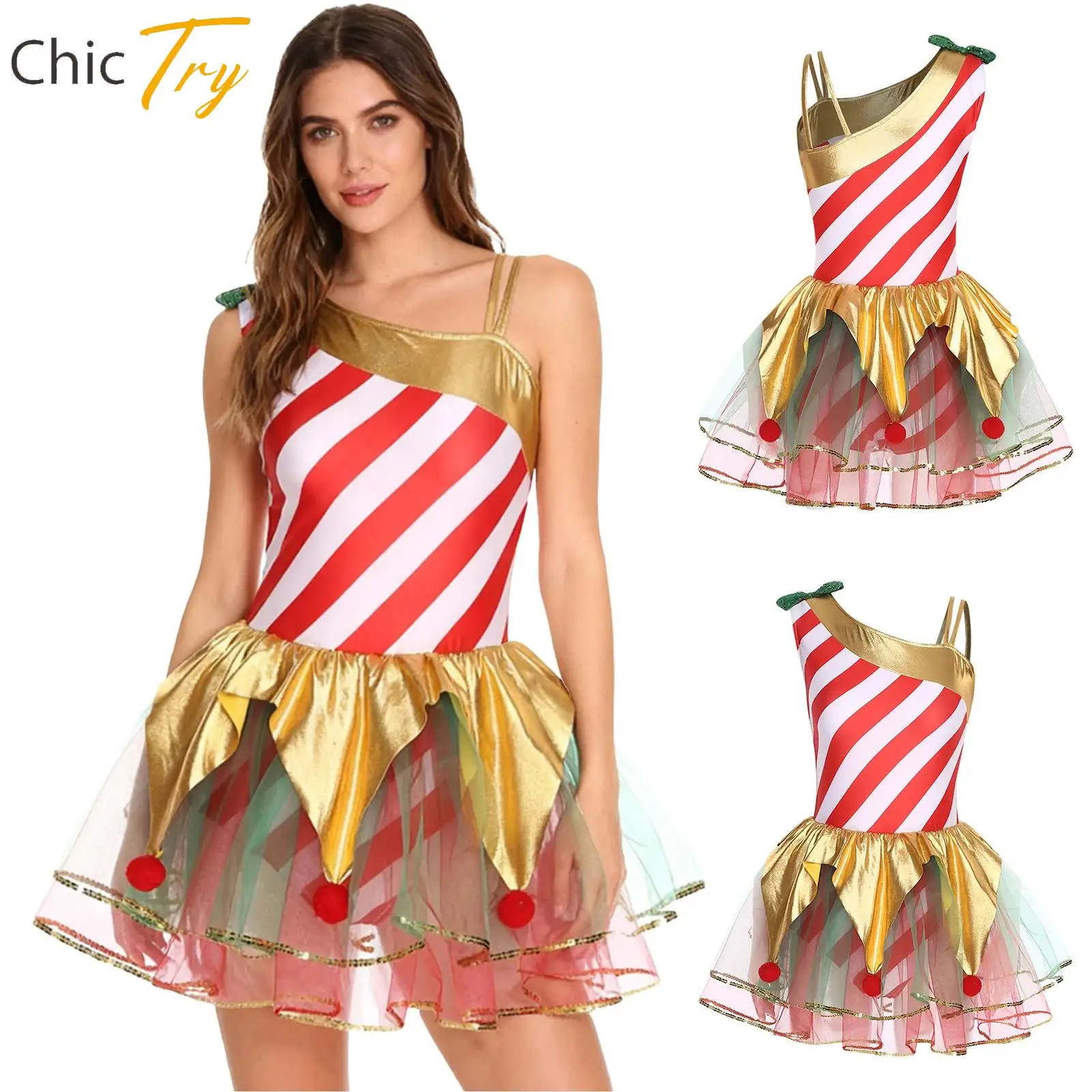 

Christmas Candy Cane Cosplay Costume for Womens Skating Ballet Dance Tutu Dress Striped Dresses Party New Year Xmas Elf Costumes