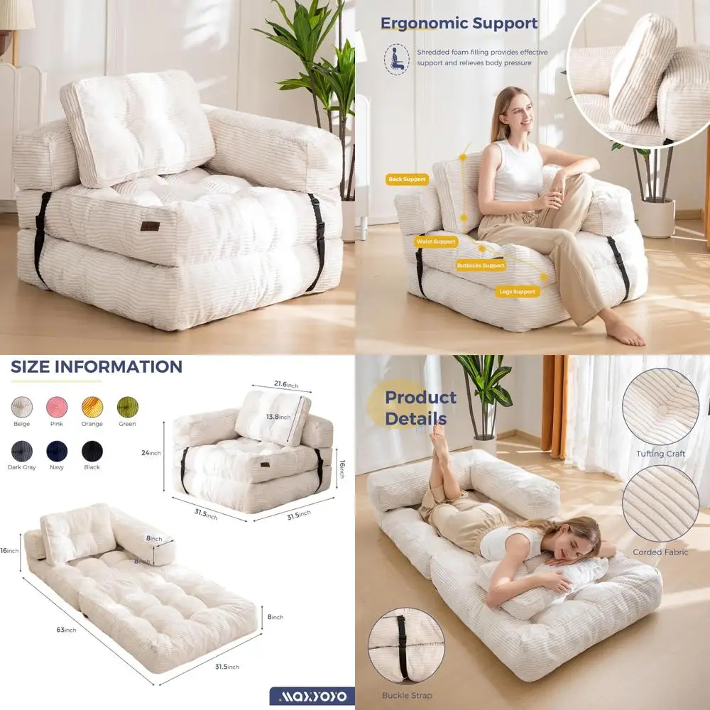 

L-Shaped Foldable Sofa Bed with Pillow, Portable Convertible Couch for Sleeping and Seating