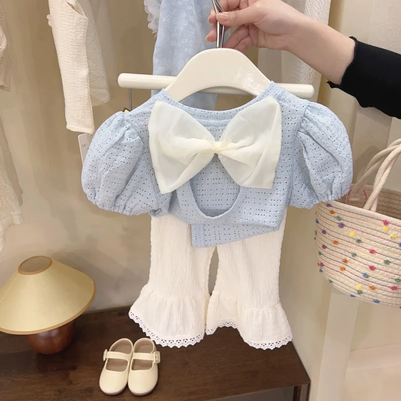 Girls' Short SleeveTT-shirt2024New Children's Summer Cotton Top Fashionable Bow Backless Girl Undershirt