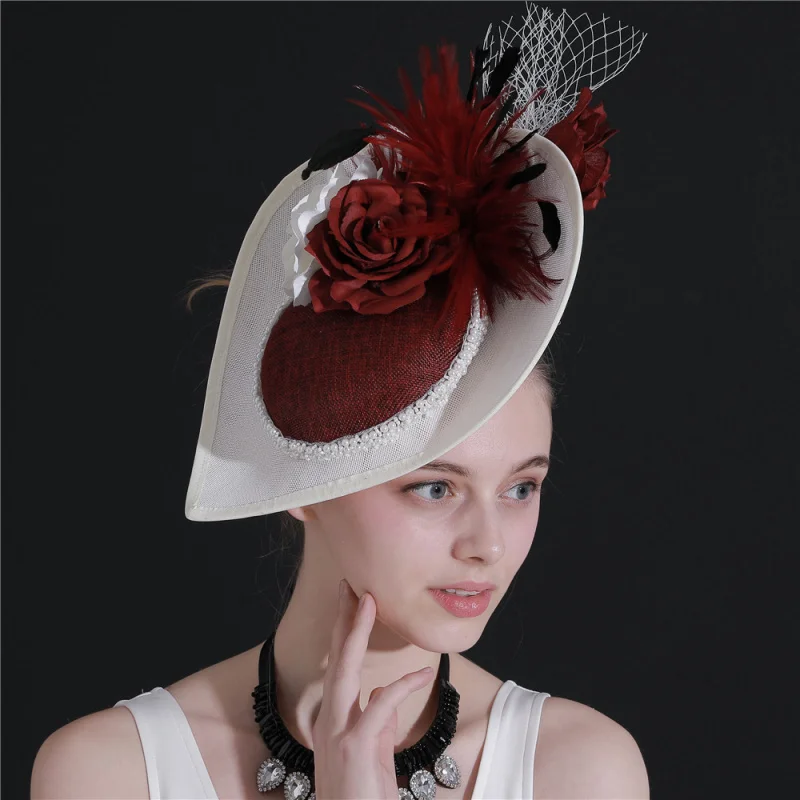 European and American Wine Red Imitation Linen Headwear Bridal Hair Accessories Banquet Photo Feather Headdress
