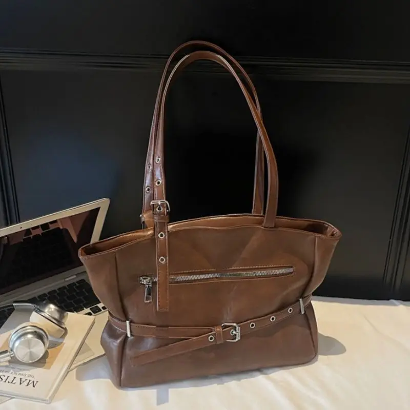 

Retro Simple Solid Color Tote Bag Women PU Leather Large Capacity Shoulder Bag Ladies Fashion Versatile Commute Portable Handbag