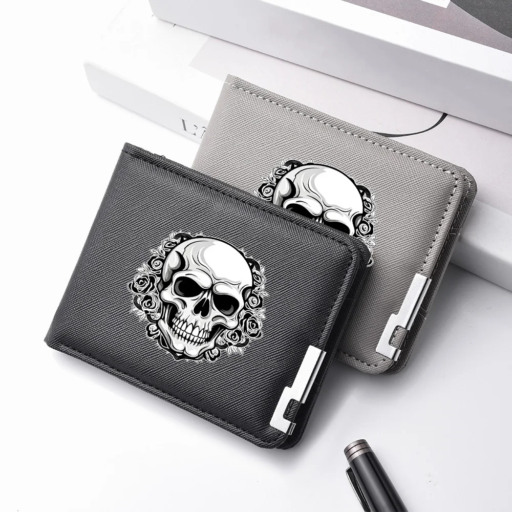 Cross Grain PU Leather Men Wallet Skull Rose Pattern Bifold Short Purse Multi Card Slots Cash Holder for Male
