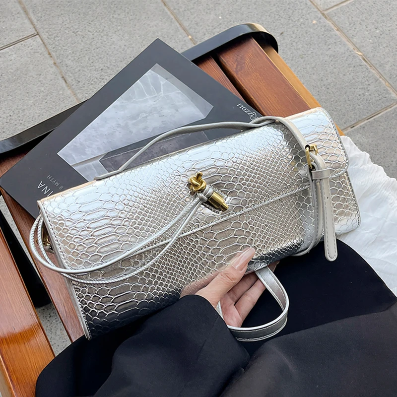 

Black Crocodile Pattern Crossbody Bag Gold Silver Pu Leather Handbag Tote Fashion Clutch Bag Versatile Satchel Large Capacity Ba