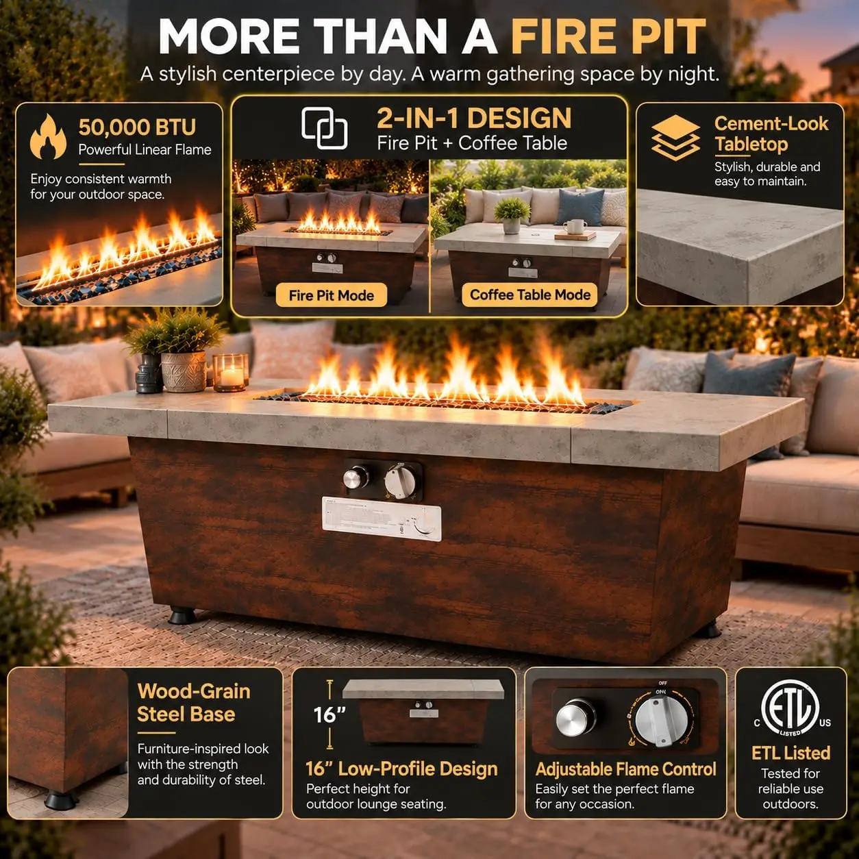 42 Inch Rectangular Propane Fire Pit Table 50000 BTU Outdoor Patio