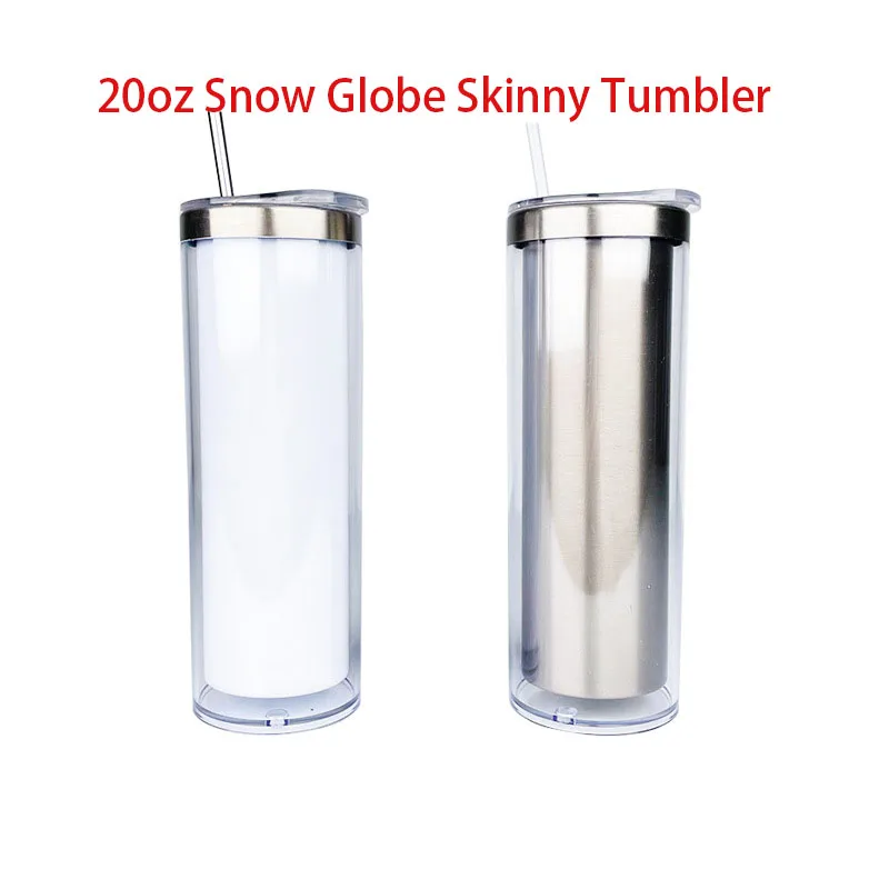 20oz stainless steel outer plastic inner stainless steel20oz Snow Globe Skinny tumbler bottom punched snowflake ball