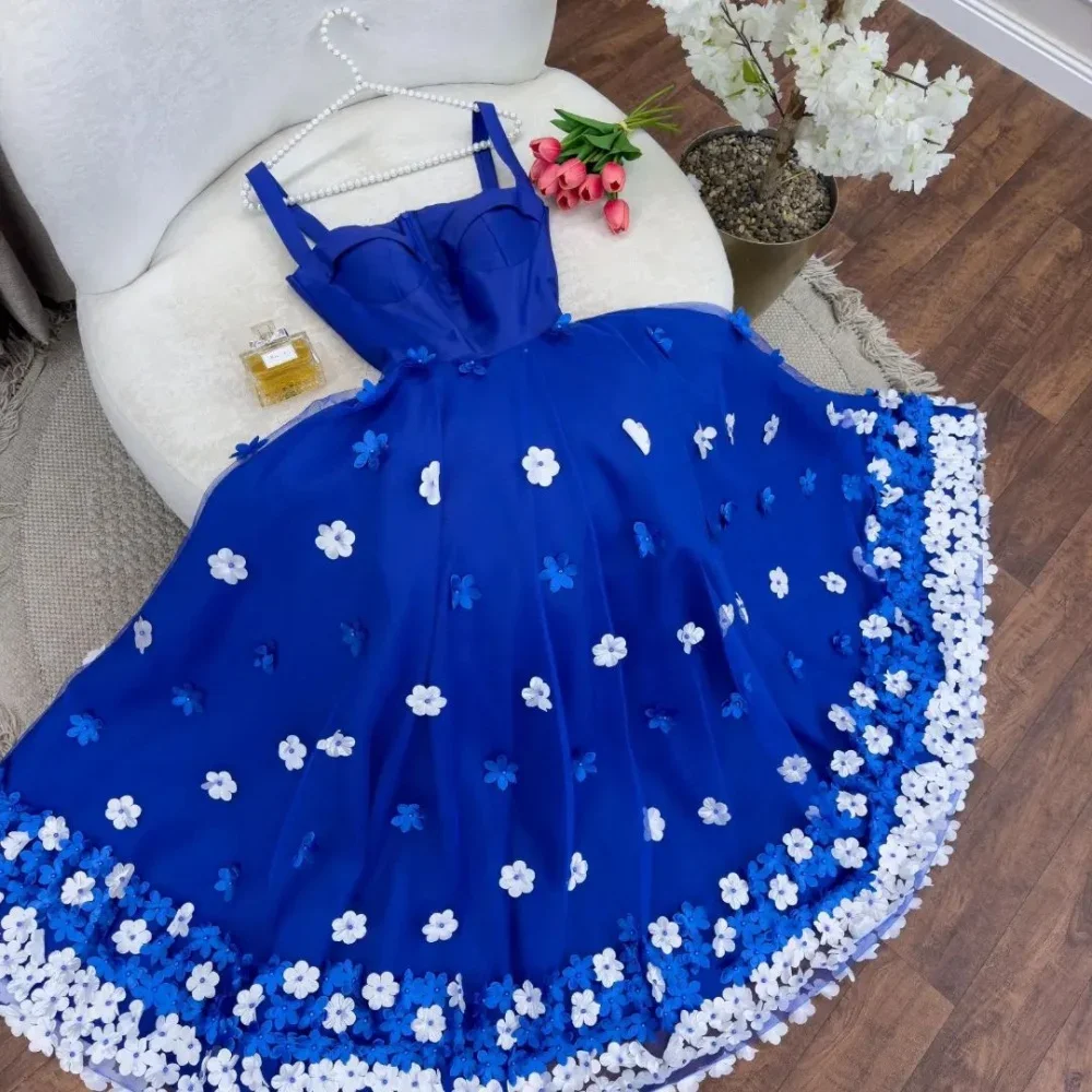 Vestido de baile formal com cinta de espaguete, a linha do tornozelo saias comprimento, tule, sem mangas, flor 3D, vestidos ocasião sob medida, Ev, Arábia Saudita