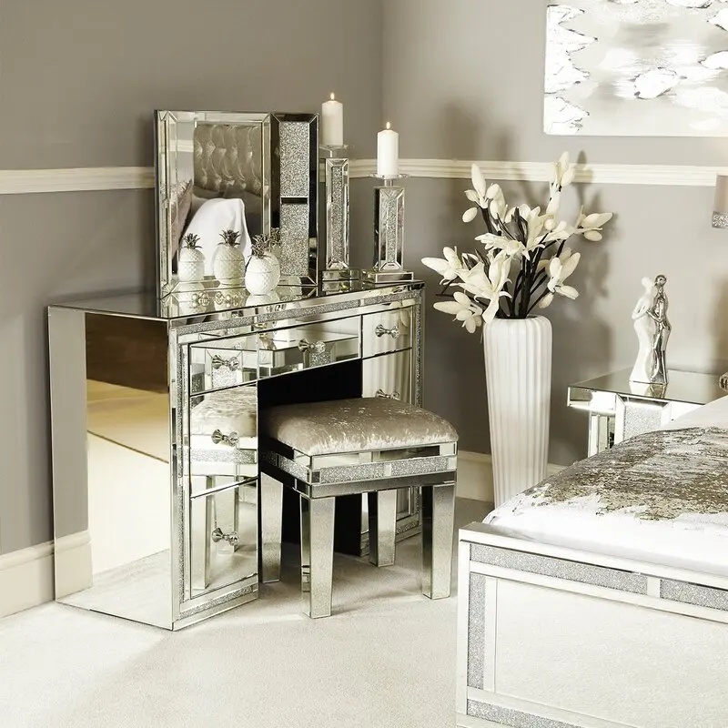 

Bed Room Modern Crystal Mirrored Cabinet 7 Drawers Dressing Table With Mirror Stool