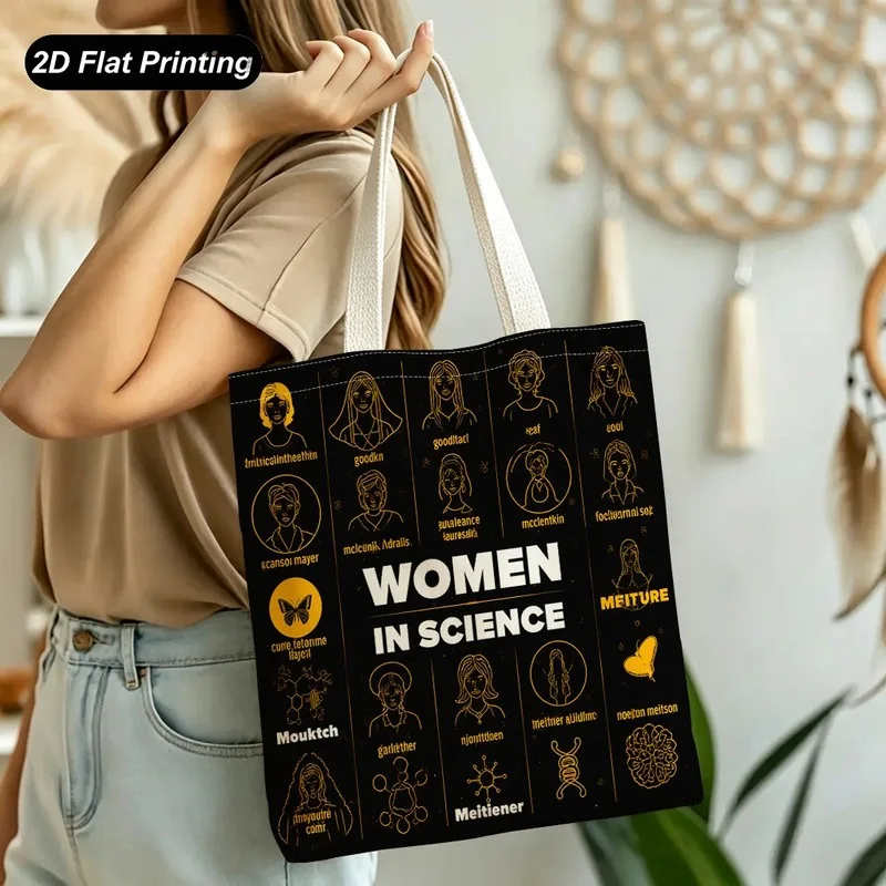 1PC【Tote Bag】2DFlat effect，PrintedWomen In ScienceTote bag with a line-drawing print of a female scientist，Large capacity and en
