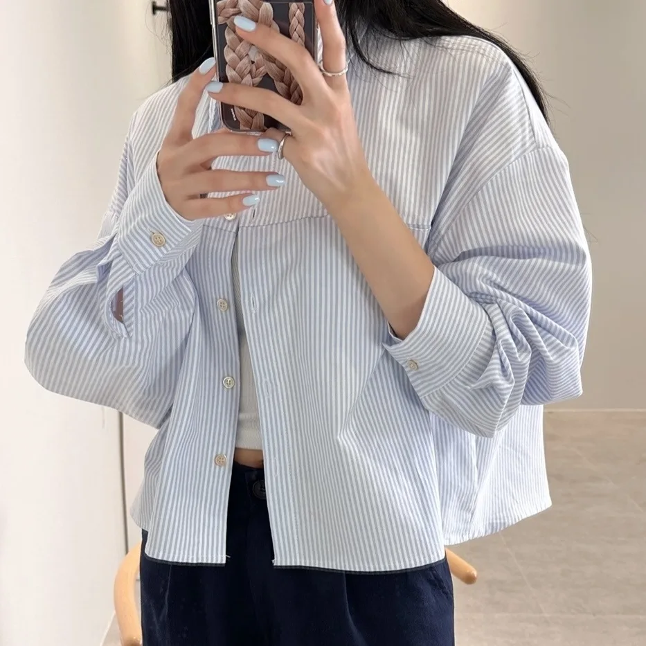 Loose Fit Casual Shirt Korean Style Single Button Invisible Pocket Fresh Stripe Pattern Versatile Shirt for All Occasions