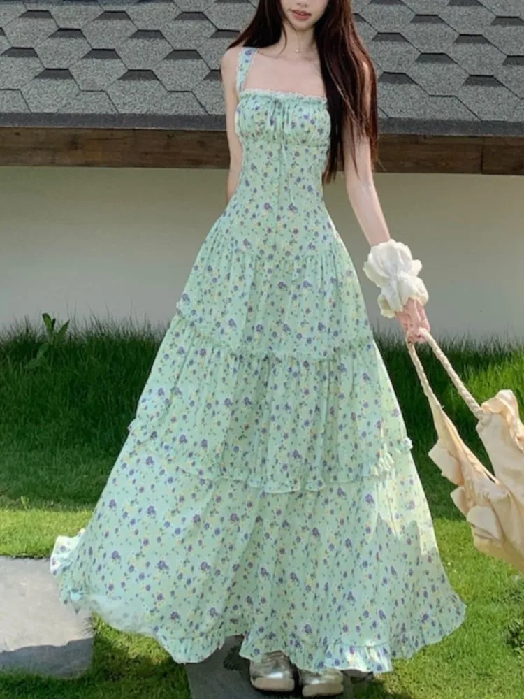 

Vintage Bohemain Romantic Women's Dresses Fashion Patchwork Elegant Floral Spaghetti Strap Lace Up Long Dress Summer Vestidos