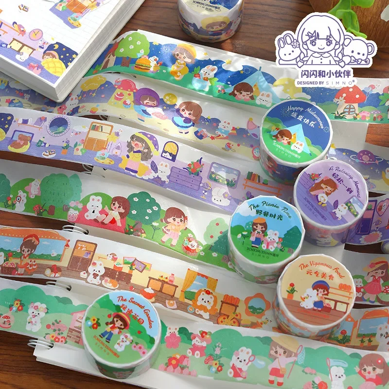 

1 Roll Washi Masking Tape Die-cutting Cute Cartoon Girl Shanshan's Little World Kawaii Small Fresh Frame Decorative Tape