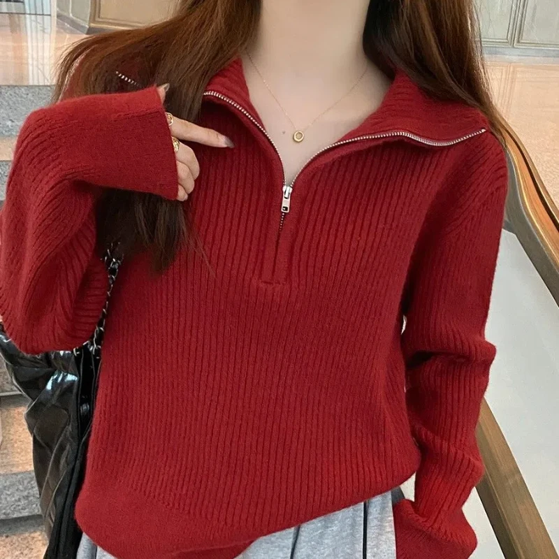 Half-zip Sweater for Women in Autumn and Winter New Year Red Knitted Bottoming Shirt with High Collar Knitted Top and Trendy