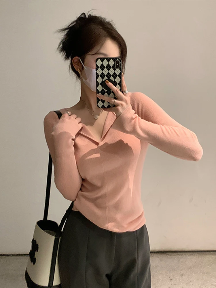 

Comfortable Soft Pure Color Small Collar Woolen Knitted Sweater Women Base Layer irt V-ne Long Sve Regular Fit Knitwear