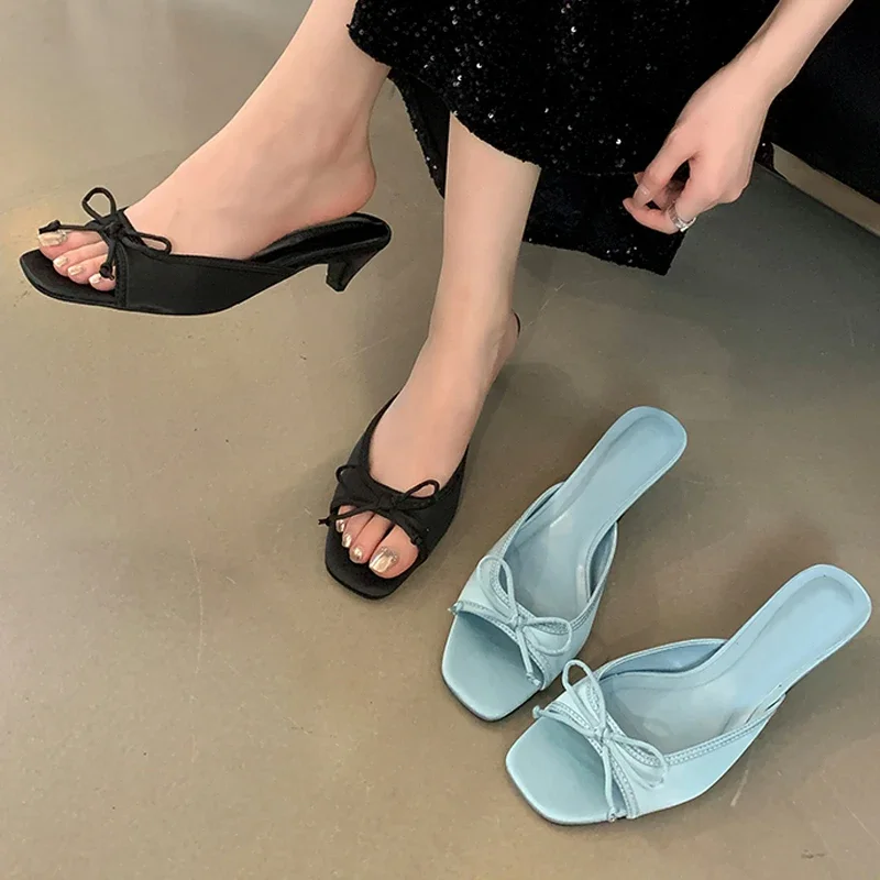 Eilyken Summer Design Style Square Toe Women Slippers Fashion Butterfly-knot Low Heels Shoes Zapatos De Mujer