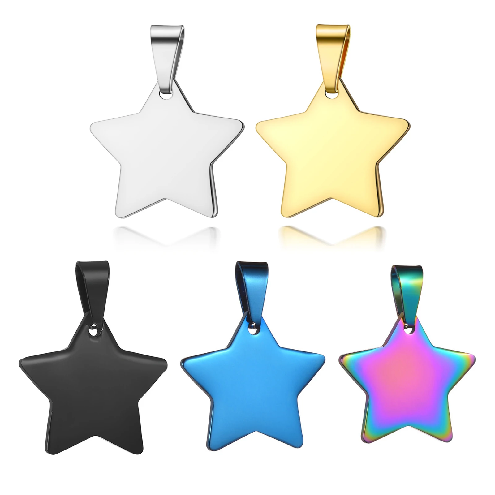 5PCS Wholesale 5 Colors Unisex Stainless Steel Star Stamping Blank Dog Tags Pendant Necklace Jewelry Findings 24x25mm