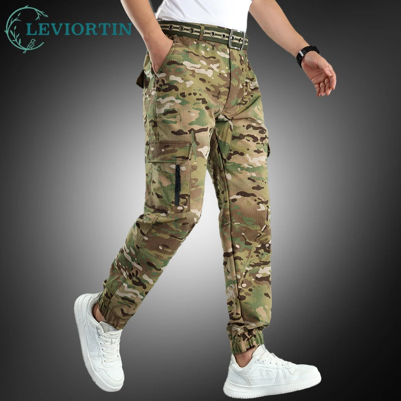Men's Outdoor Ripstop Camo Cargo Pants Spring Autumn Stretch Elastic Waist Loose Fit Trousers Multi Pocket Tactical Pants