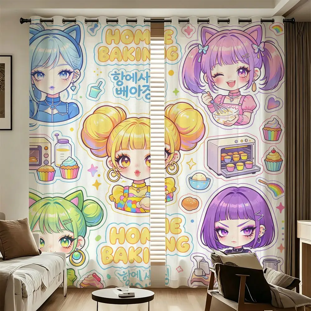5pcs Anime Girls Kawaii Cat Ears Rainbow Printed Curtains Light Blocking Darkening for Bedroom Living Room Window Home Decor