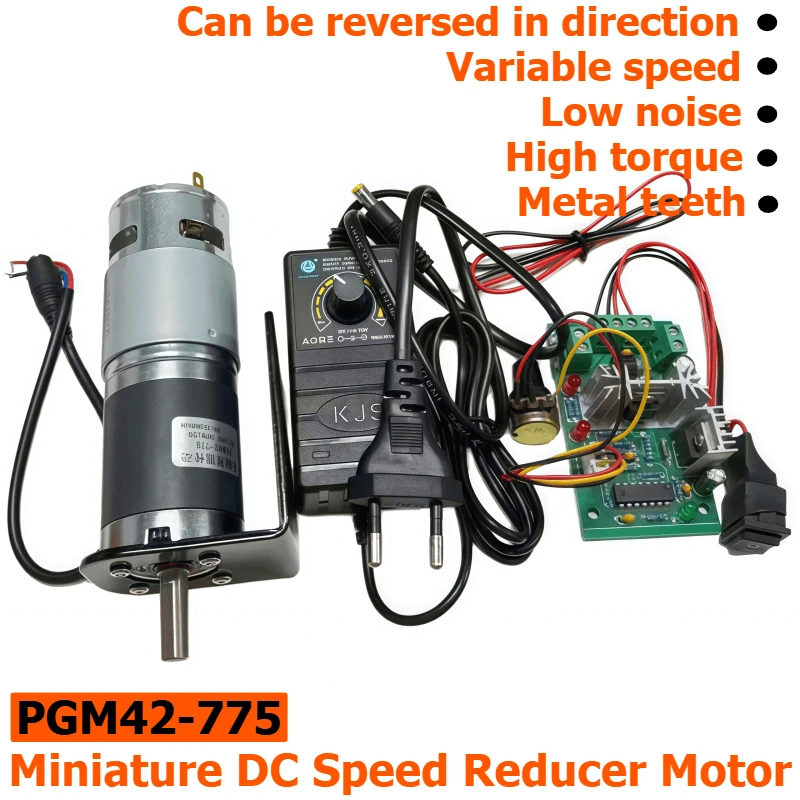42-775 Planetary Gear Reducer Motor 12V24V Mini Adjustable Speed Motor with Speed Controller, Adjustable Power Supply, Bracket