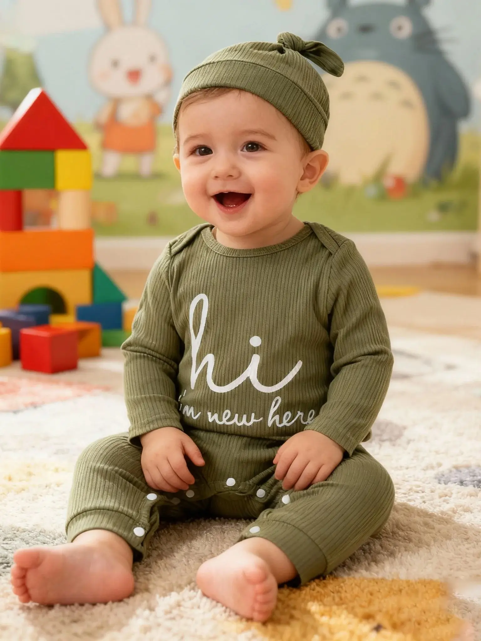 Modischer, süßer Overall mit Alphabet-Motiv, einfarbig, mit Rundhalsausschnitt und langen Ärmeln für Babys, Jungen, inklusive Mütze und Socken. – Detail 2