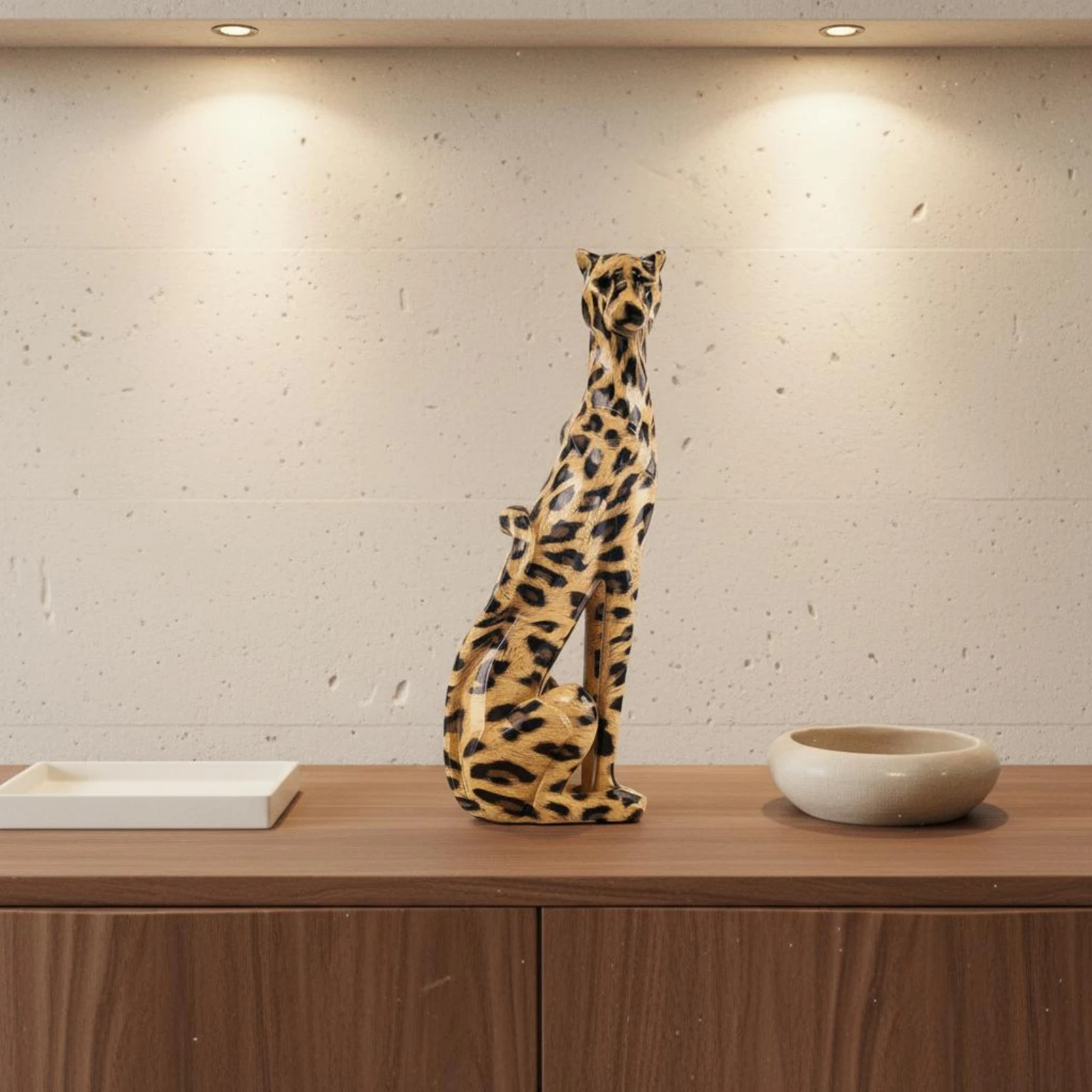 Leopard Figurine Spotted Leopard Statue Home Decor Item Tan and Dark Brown Modern for Table Display
