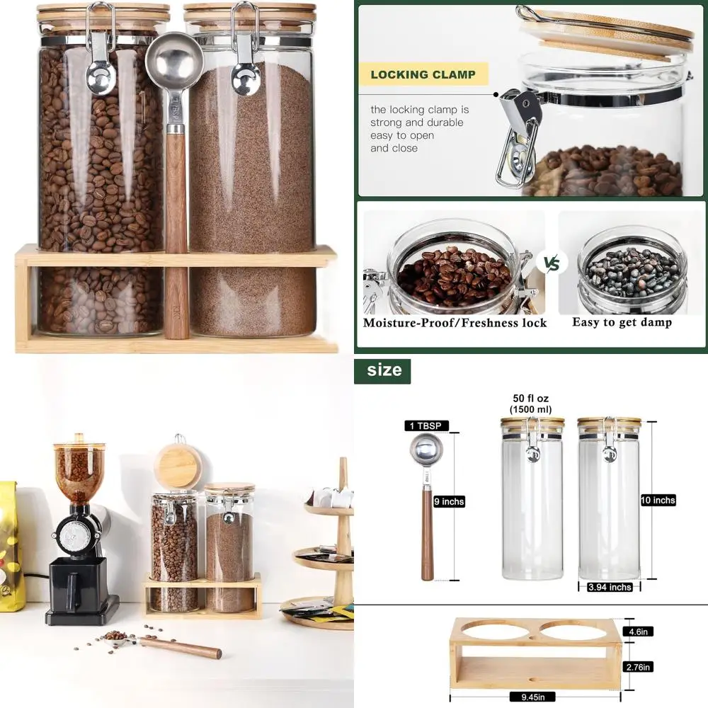 

Airtight Borosilicate Glass Canisters with Bamboo Lid & Scoop - 50 Oz Containers for Coffee Beans, Tea, Nuts, Pantry Storage