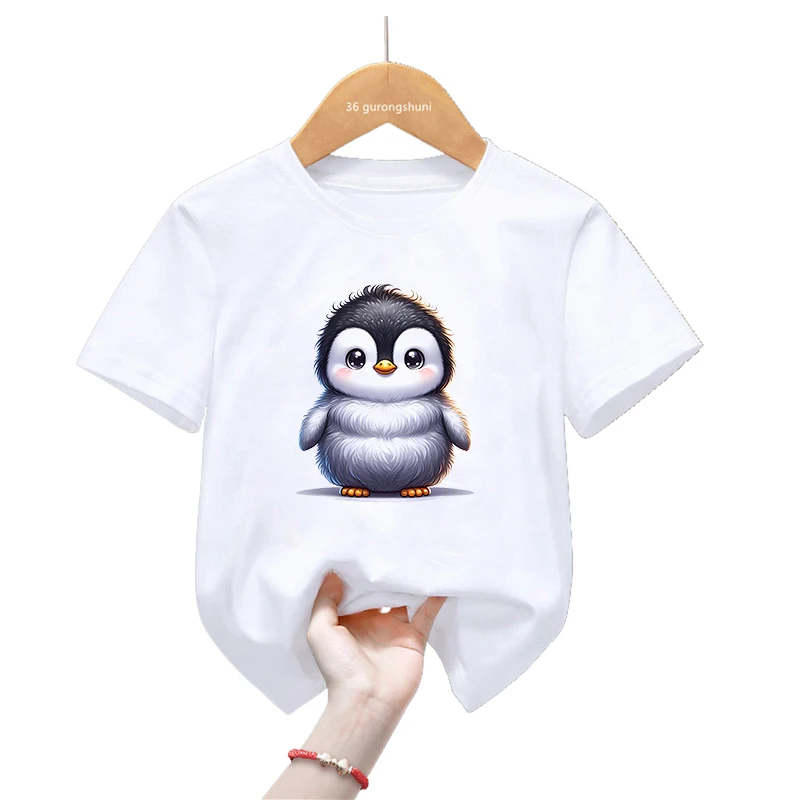 Mały pingwin koszulka dla dziewczynek z nadrukiem zwierzęcym/chłopcy Harajuku Kawaii dziecięce ubrania letnie z krótkim rękawem T-Shirt odzież dziecięca