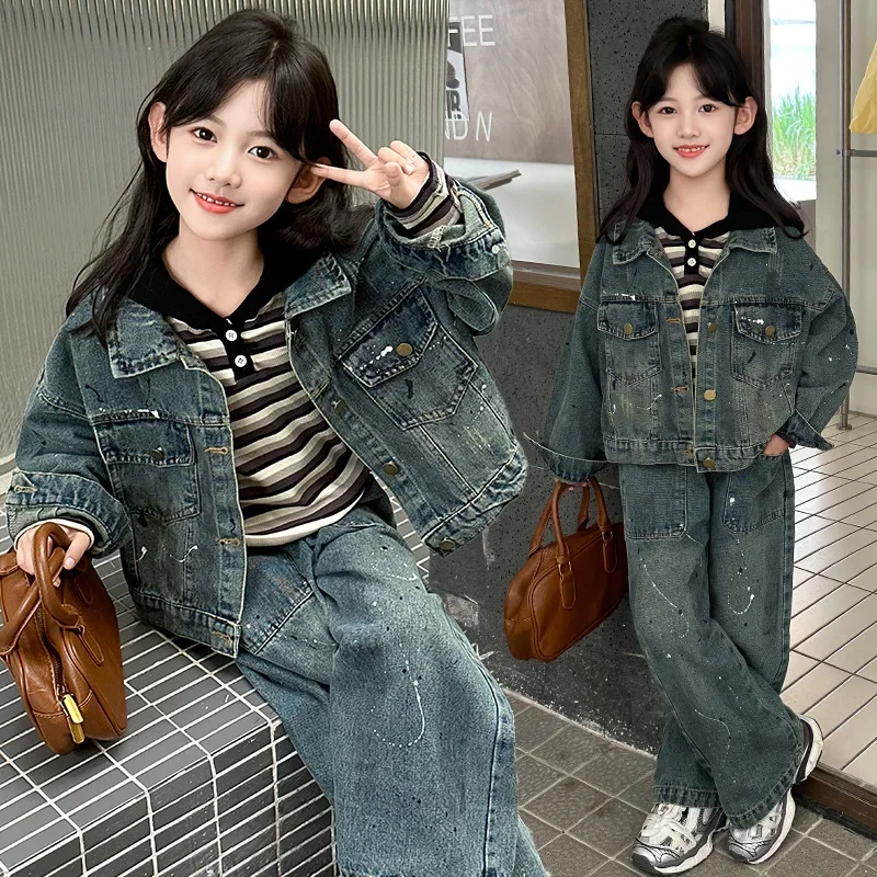 

Girls Suits 2024 Autumn New Childrens Clothes Girls Baby Western Style Striped Shirt Denim Coat Pants Three Sets Casual Simple