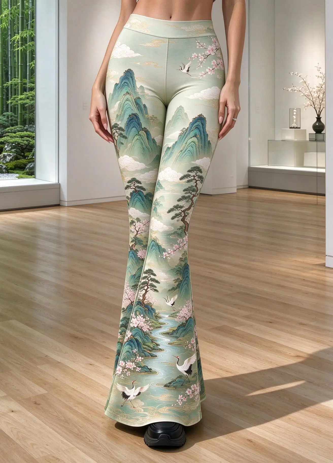Women Mid-Rise Slim Flared Pants Oriental Bamboo Cherry Blossom Mountain Stream Landscape Print Stretch Bell Bottoms