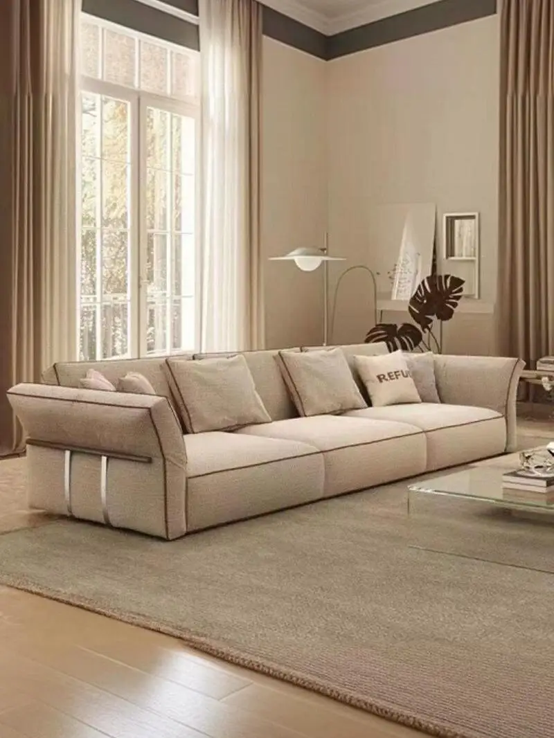 #Camel Sofa Italian Minimalist Modern Living Room Sectional High-End Cotton Linen Fabric Stainless Steel Legs Apartment Warehous