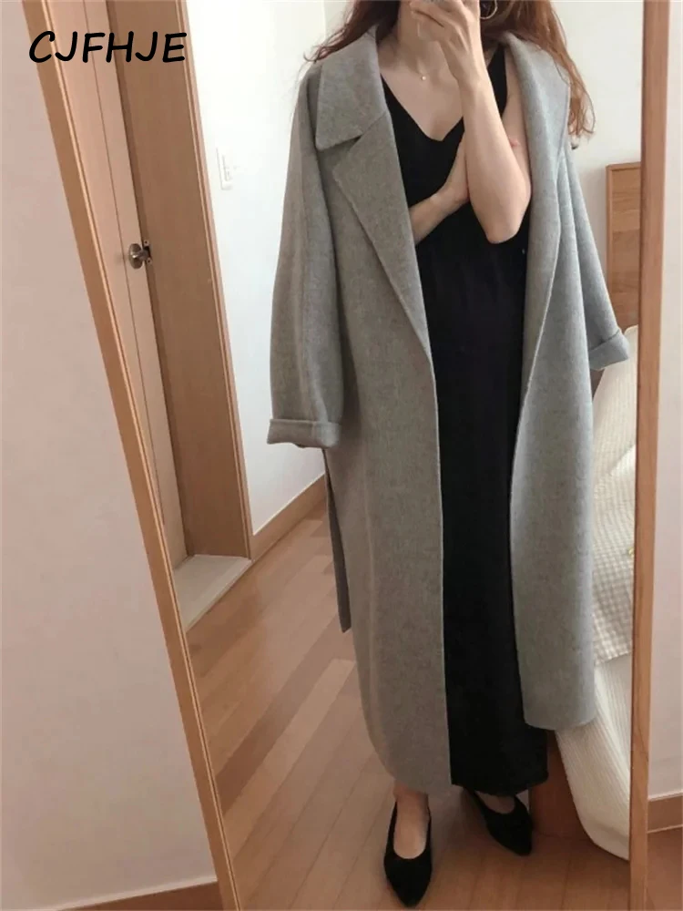 CJFHJE Beige Long Sleeve Coats Women New Fashion Vintage Solid Color Turn Down Collar Winter Blends Casual Loose Long Wool Coat