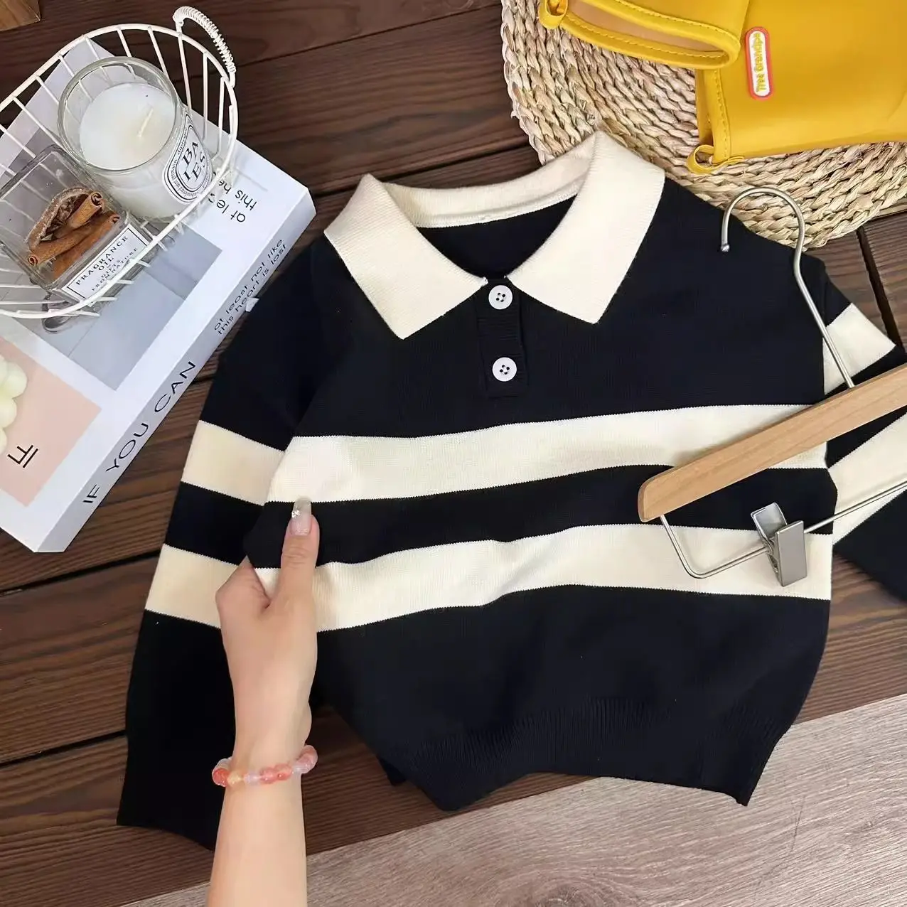 

2026 Autumn Winter Children's Turn-Down Collar Striped Wool Boys and Girls Knitted Sweater Spring Autumn Polo Base Shirt