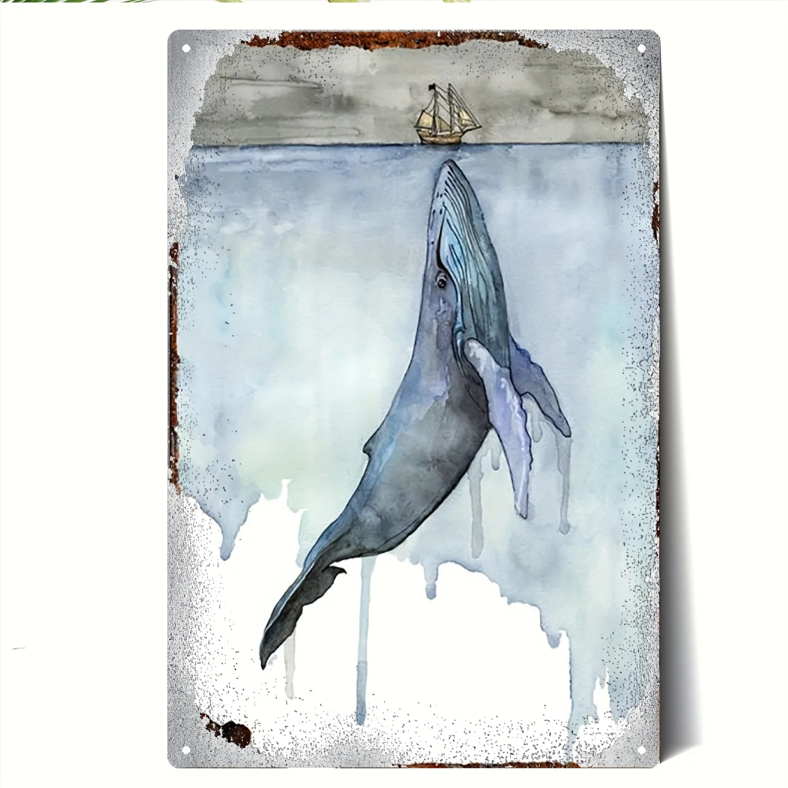 Una pintura de latón con ballena y fondo de barco a vela con gotas de agua y óxido Adecuado para sala de estar, dormitorio,