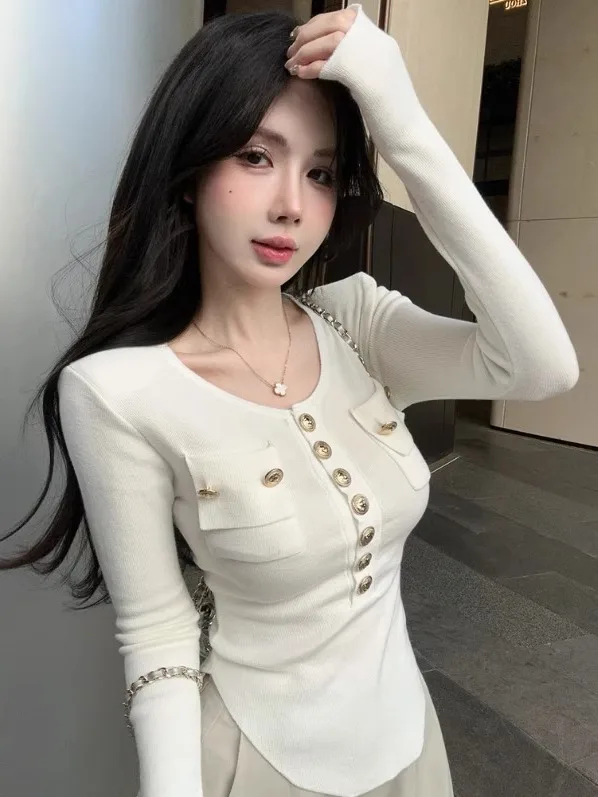 

Fall Season Unique Knitted Long Sleeve Women's Base Shirt Waist Cinching Inner Wear Design Sense Asymmetrical Top