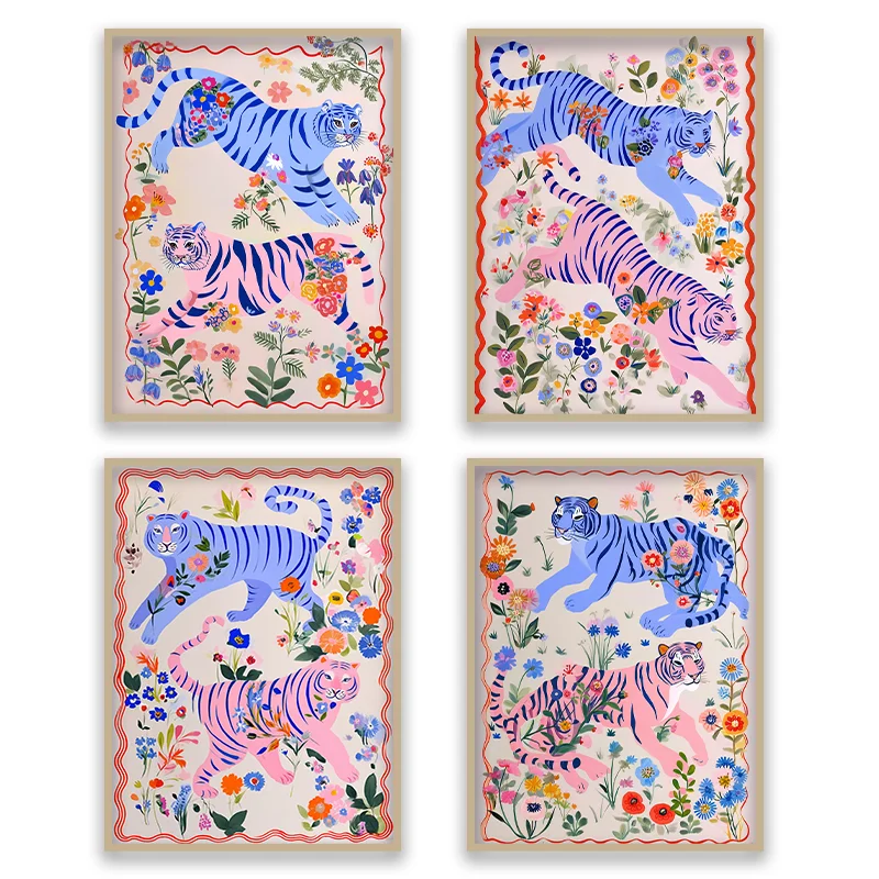 

Modern Illustration Style Dreamy Tiger Flower Canvas Poster Decorative Painting Wall Art in Children's Room Bedroom Livingroom