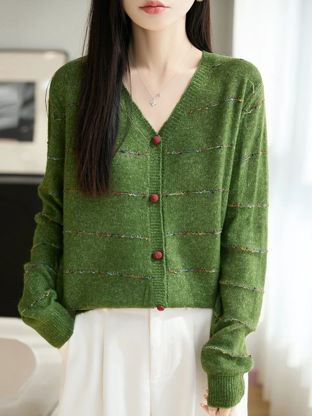 Stylish V-Neck Striped Color Block Knitted Open Cardigan Women's Green Slimming Versatile Base Shirt New Sweater Jacket